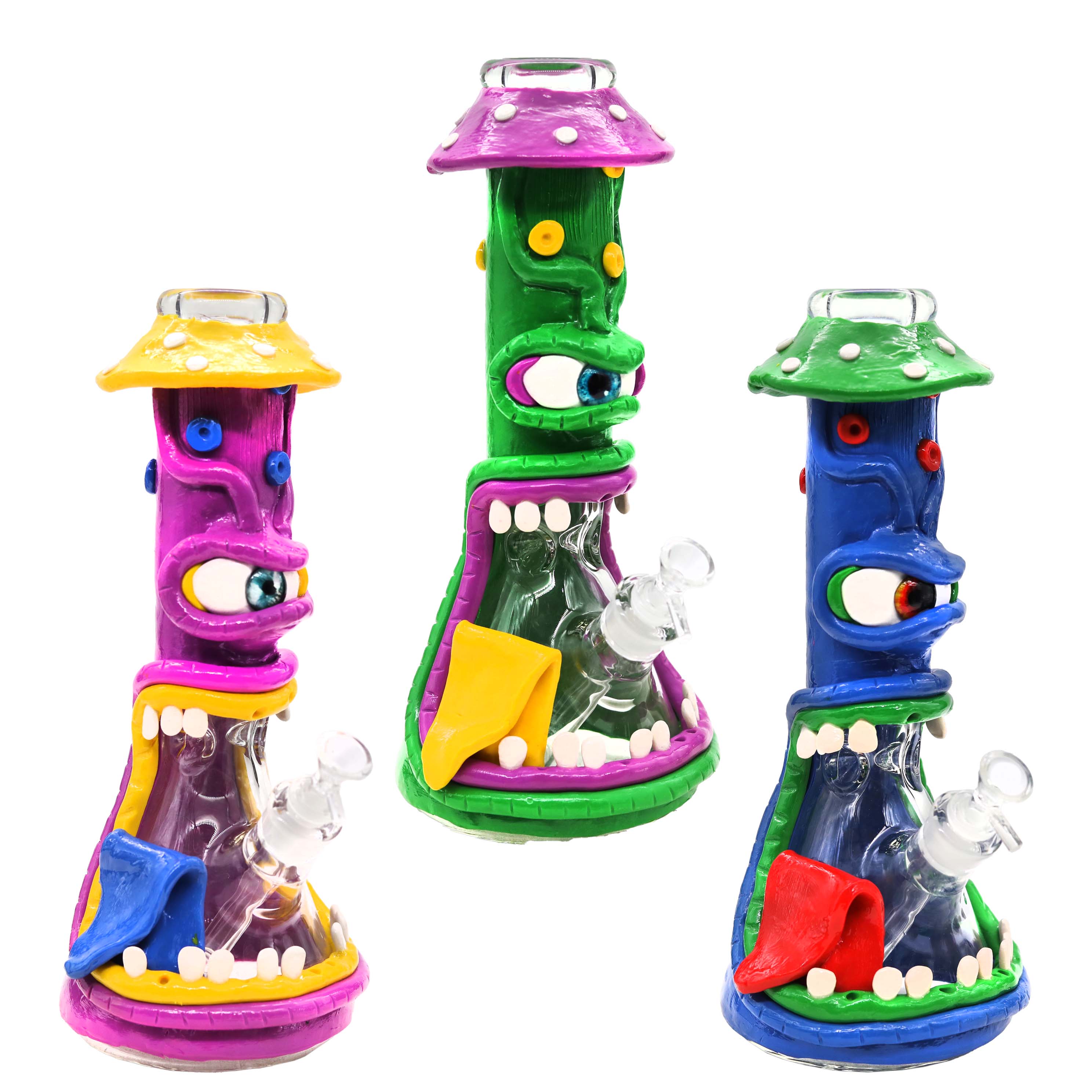 Cignature One Eyed With Twisted Tongue Mushroom Head Hand Painted Beaker Waterpipe (FGP2943) | 14 Inch | Assorted Colors product image